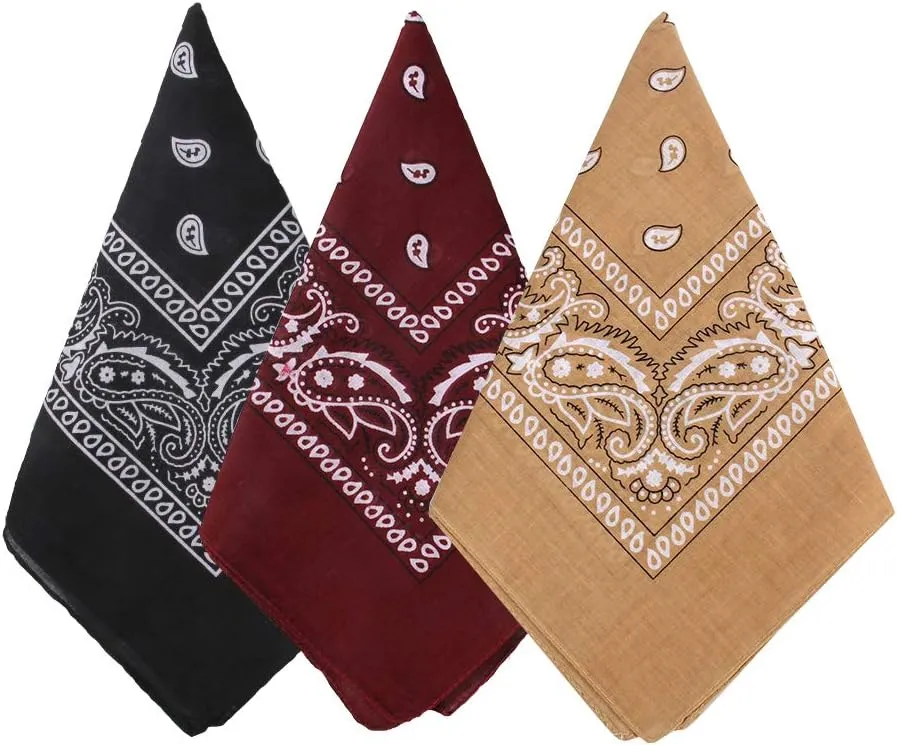3 Pack 100% Cotton Paisley Pattern Bandanas Face Mask Square Scarf Headwear