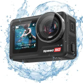 Action Camera Speed 50 4K60FPS 30MP WiFi with 2" Touch Screen EIS 5X Zoom Remote Control,Bare Machine Waterproof 33FT with Waterproof Case 131FT, 2x1550mAh Battery, Vlog CameraSoft Black