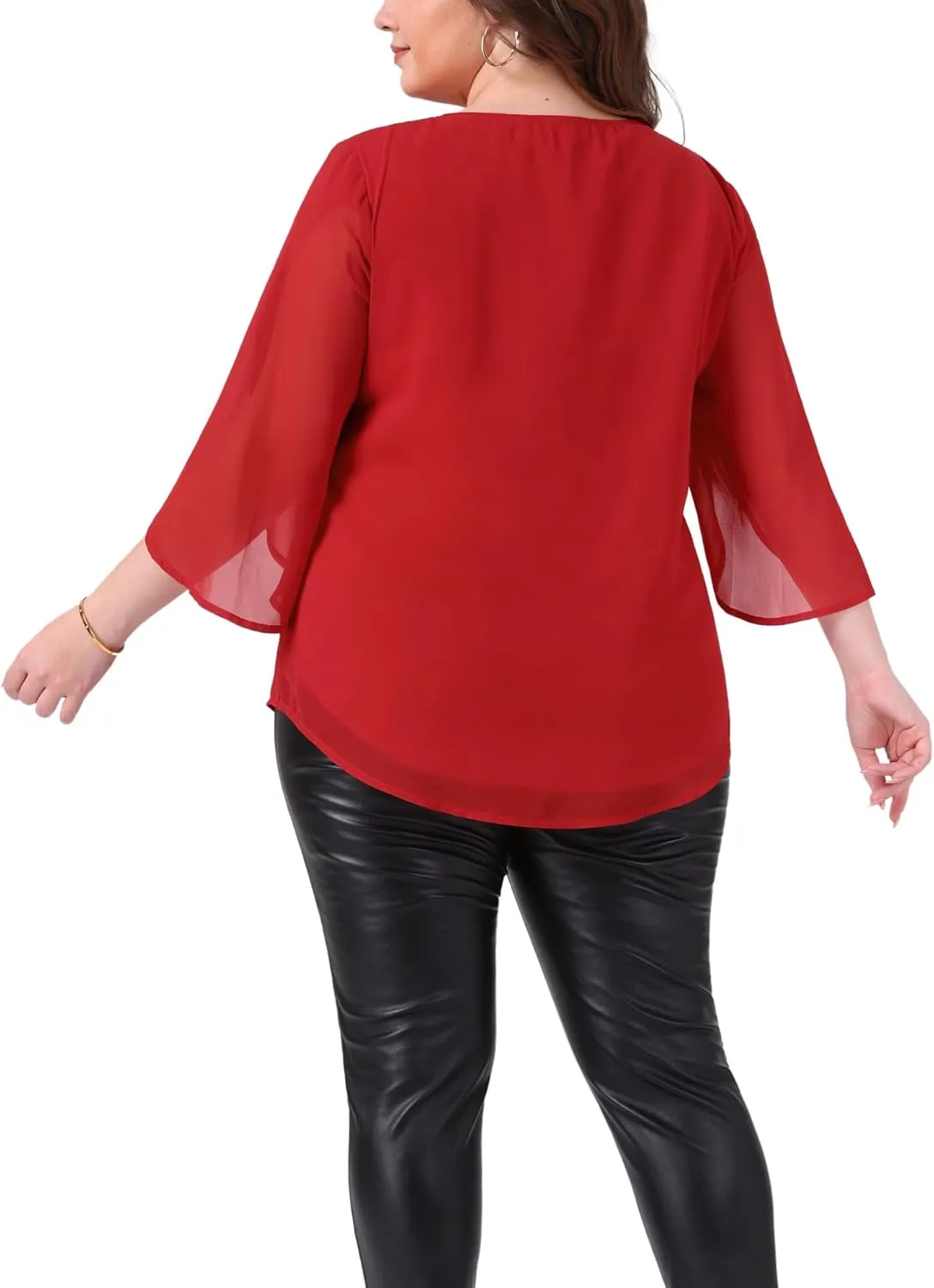 Agnes Orinda Plus Size Blouses for Women Flutter Petal Half 3/4 Sleeve Chiffon Top Loose Flowy Shirt Summer Blouse Top