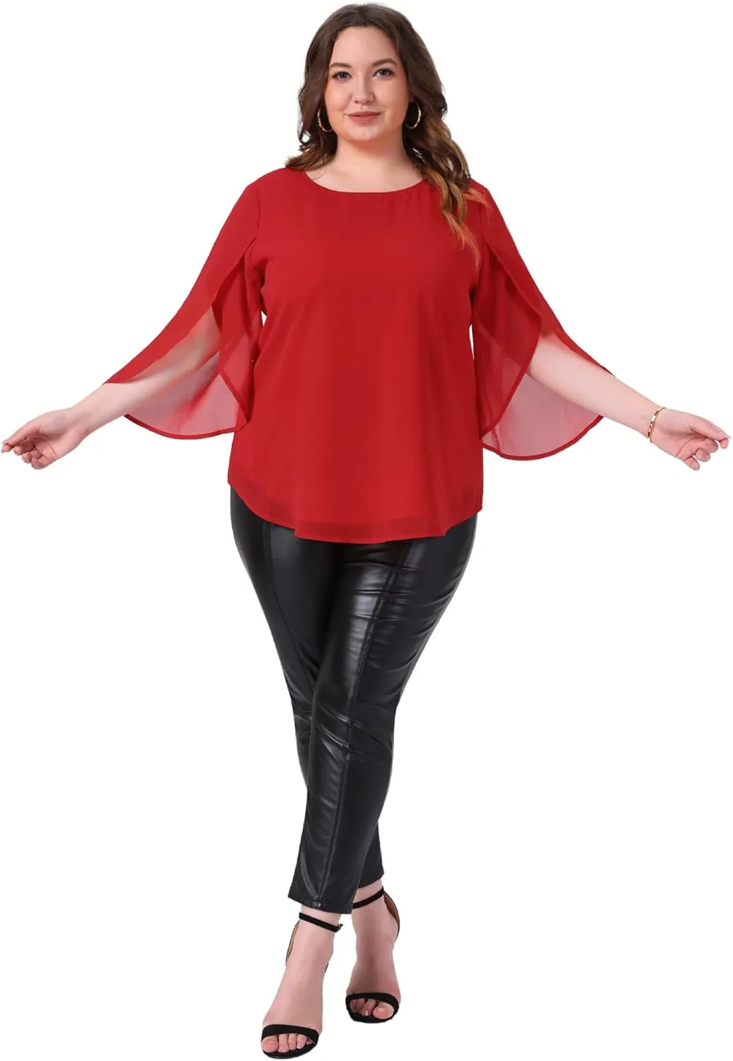 Agnes Orinda Plus Size Blouses for Women Flutter Petal Half 3/4 Sleeve Chiffon Top Loose Flowy Shirt Summer Blouse Top