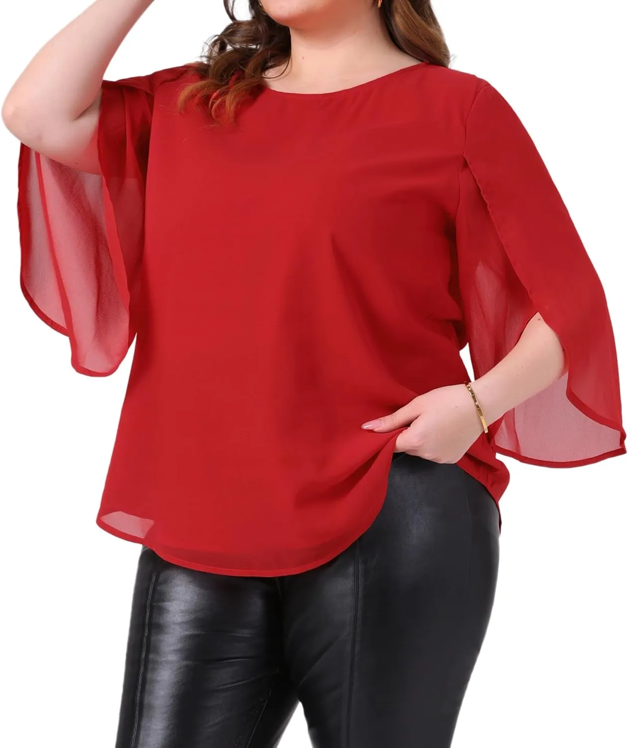 Agnes Orinda Plus Size Blouses for Women Flutter Petal Half 3/4 Sleeve Chiffon Top Loose Flowy Shirt Summer Blouse Top