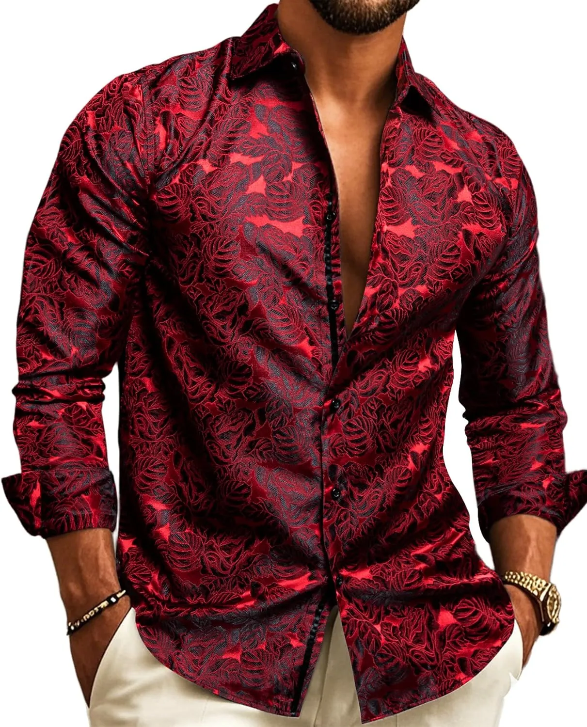 Barry.Wang Mens Casual Long Sleeve Shirts Silk Button Up Novelty Paisley Formal Dress Shirt Western Mexico Cowboy Custom