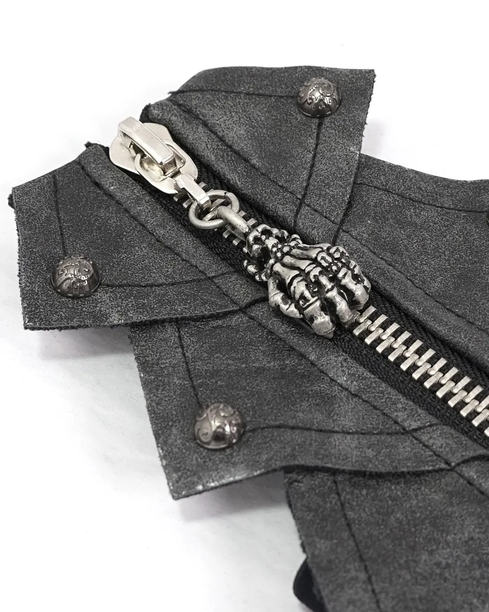 Devil Fashion Mens Steampunk Dieselpunk Armour Gauntlet Gloves Grey Faux Leather