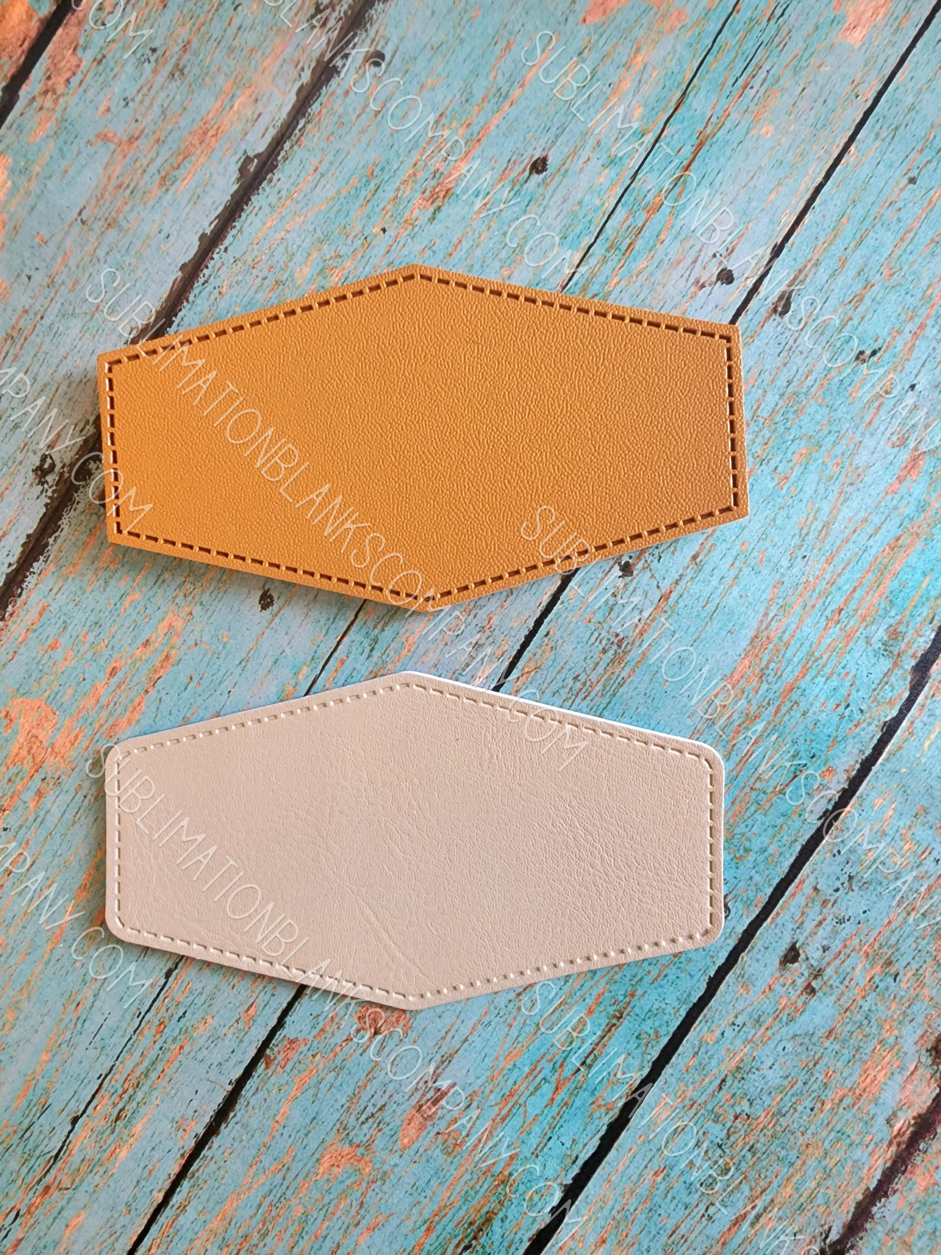 Diamond Hexagon Shape Faux Leather Hat Patch Sublimation Blank! PU Leather. Laserable! Tan or Grey