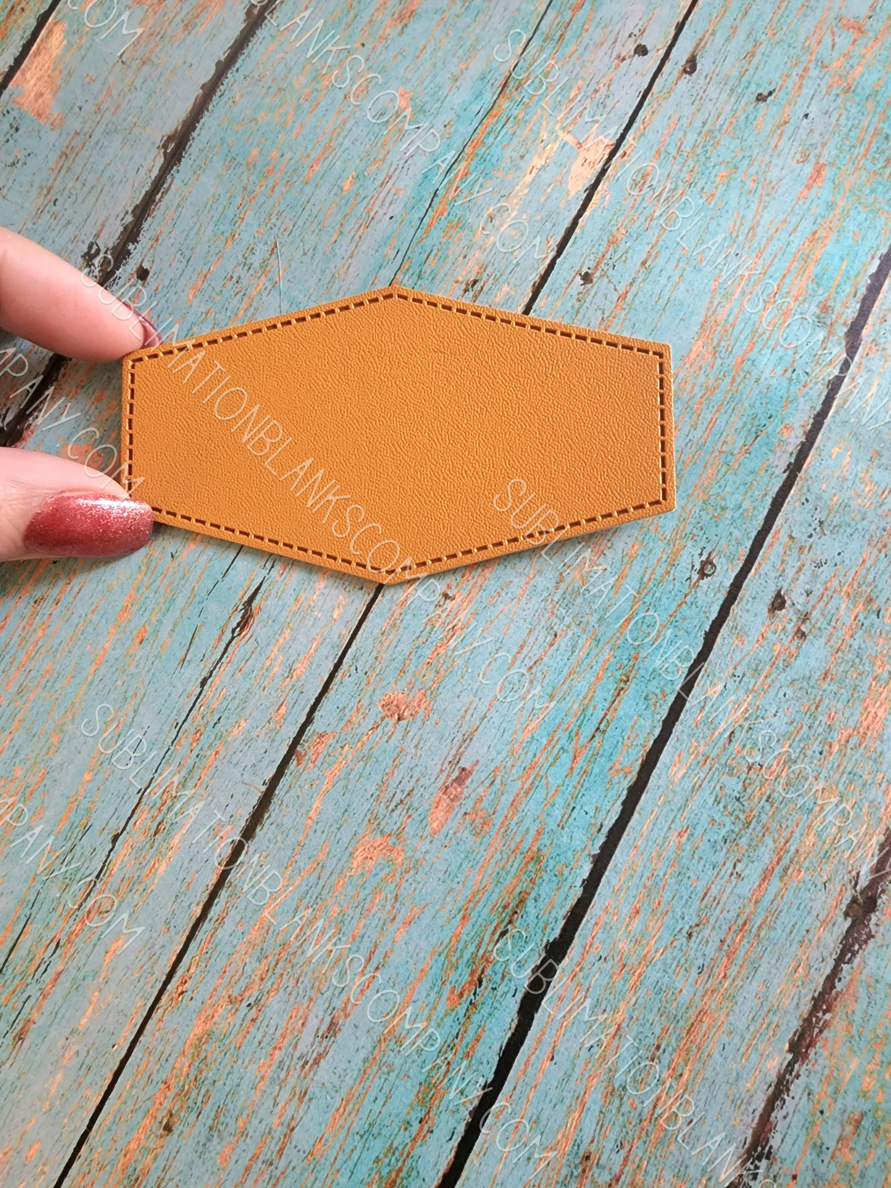 Diamond Hexagon Shape Faux Leather Hat Patch Sublimation Blank! PU Leather. Laserable! Tan or Grey