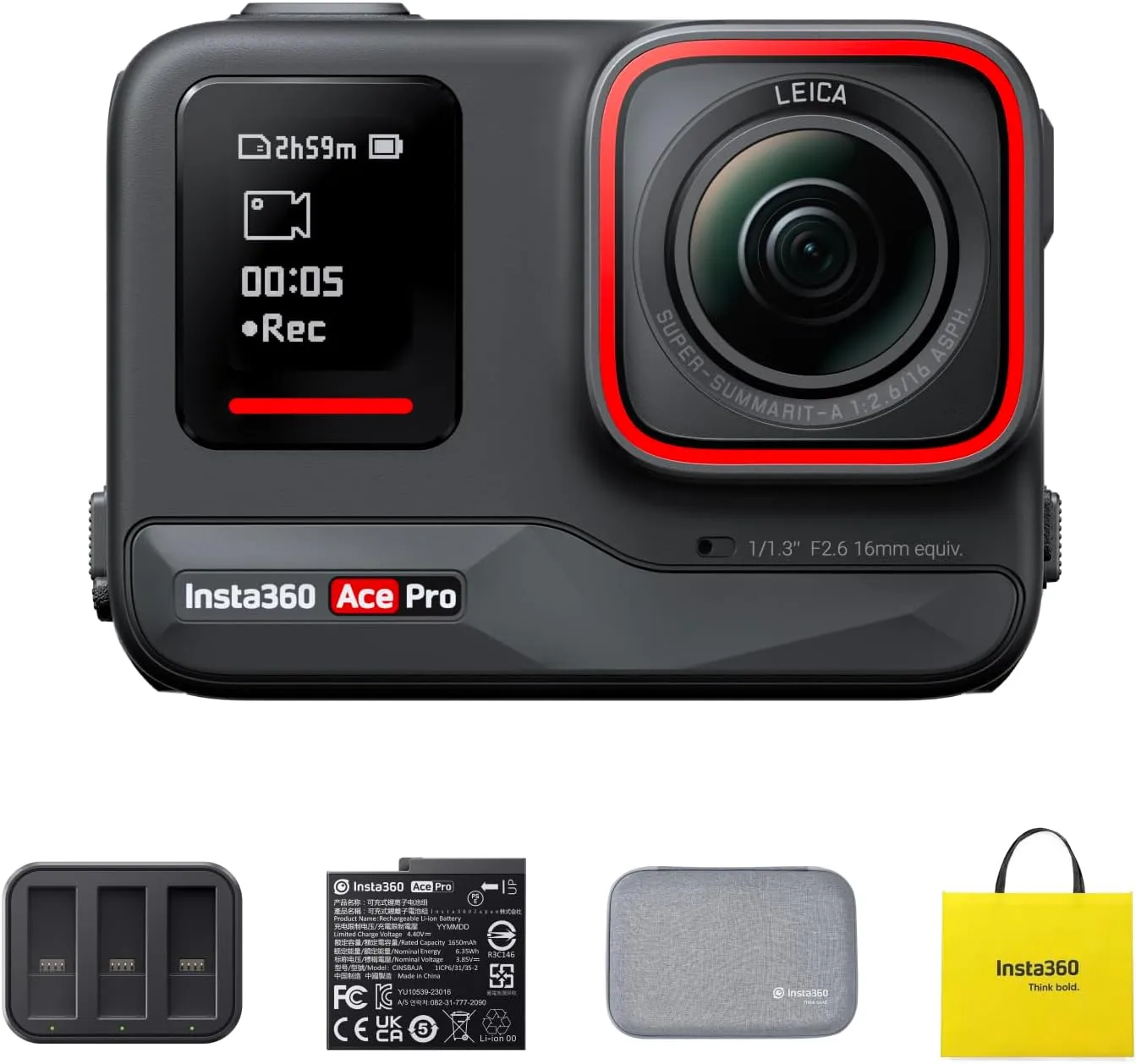 Insta360 Ace Pro Travel Bundle - Waterproof Action Camera Co-Engineered with Leica, Flagship 1/1.3" Sensor and AI Noise Reduction for Unbeatable Image Quality, 4K120fps, 2.4" Flip Screen