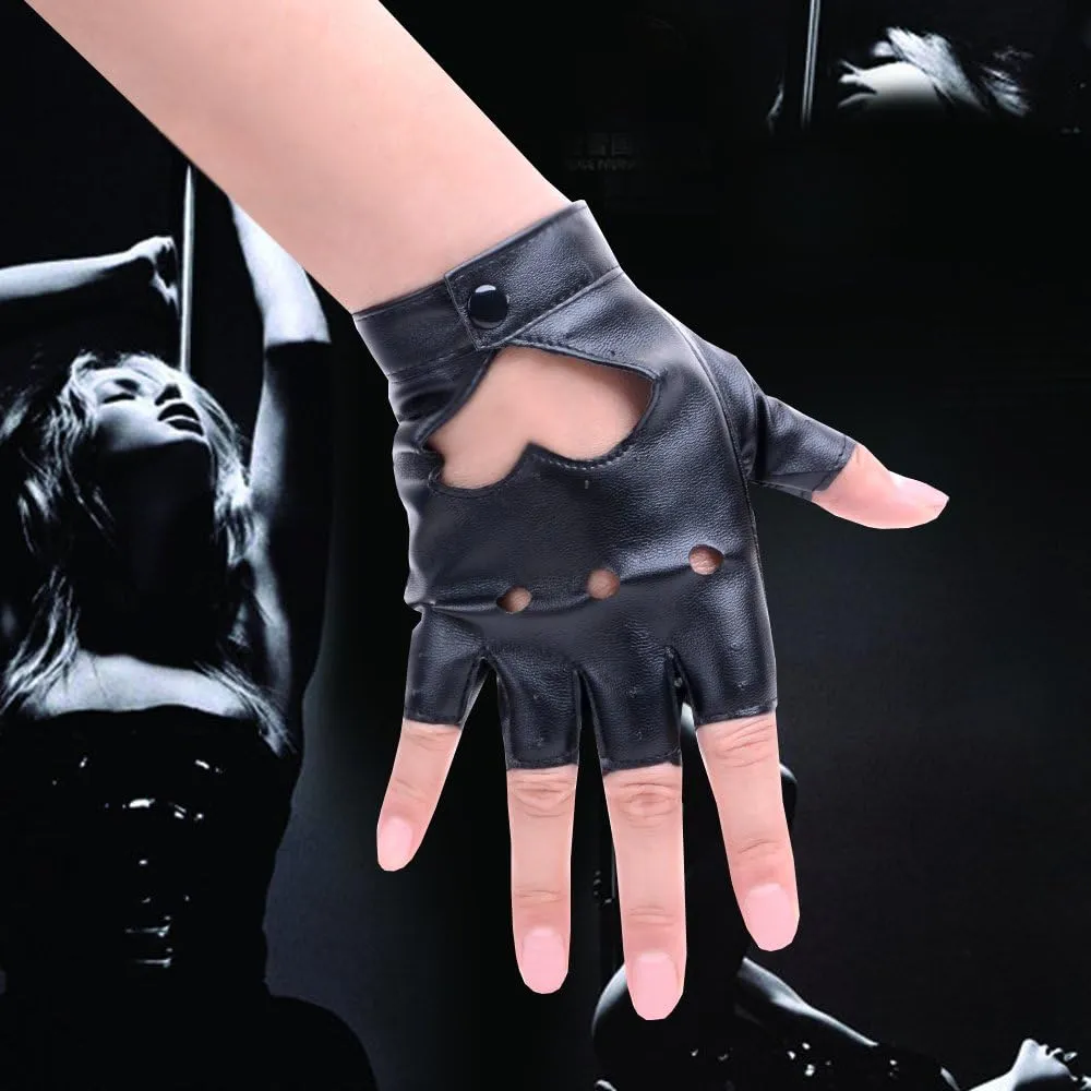 JISEN Women Heart Cutout Punk Half Finger PU Leather Performance Gloves