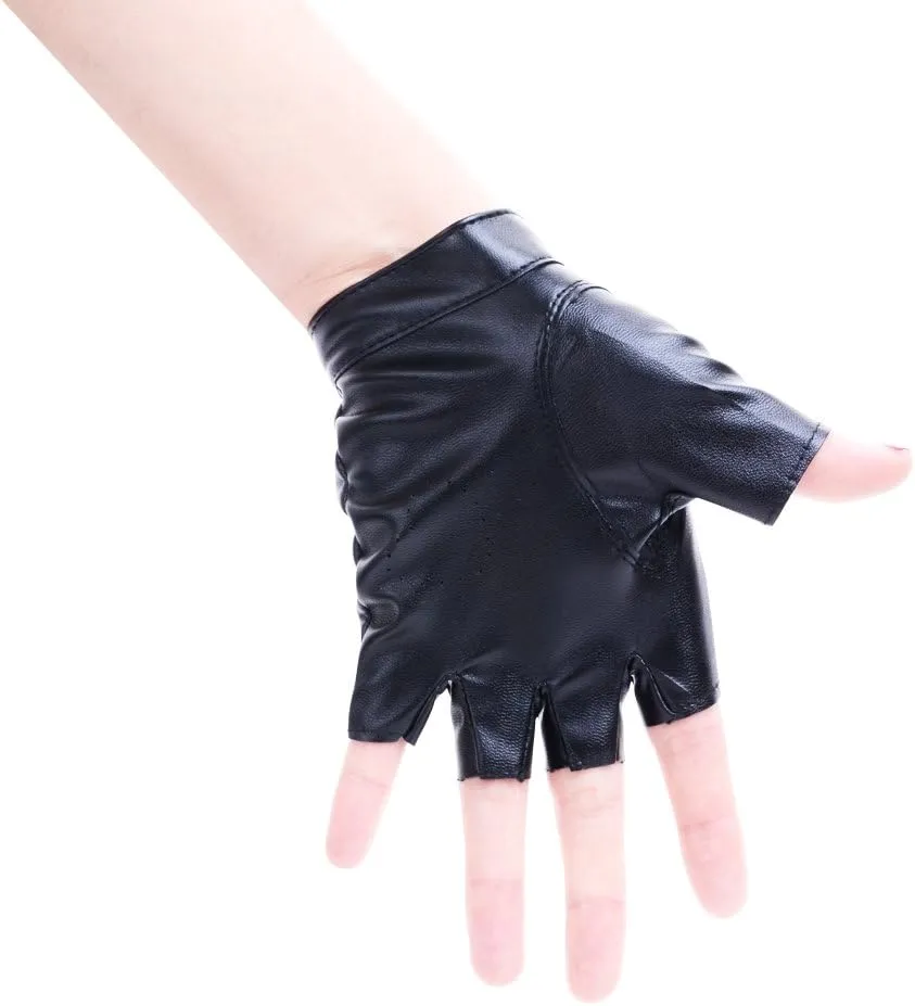 JISEN Women Heart Cutout Punk Half Finger PU Leather Performance Gloves