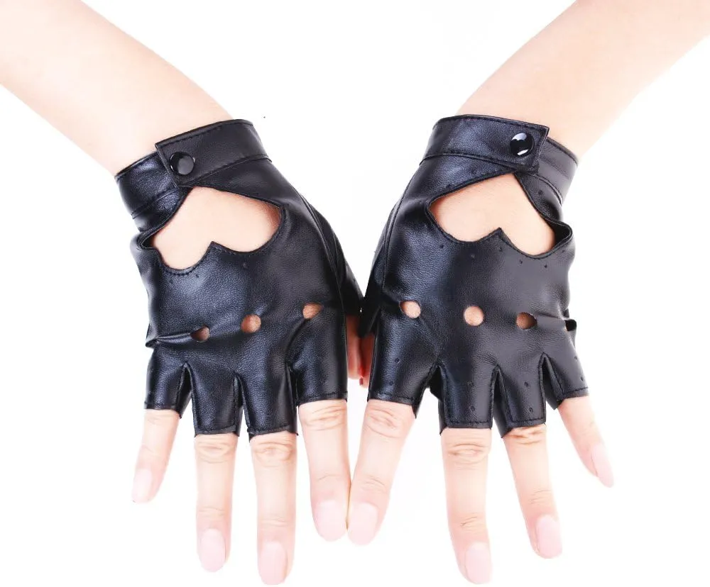 JISEN Women Heart Cutout Punk Half Finger PU Leather Performance Gloves