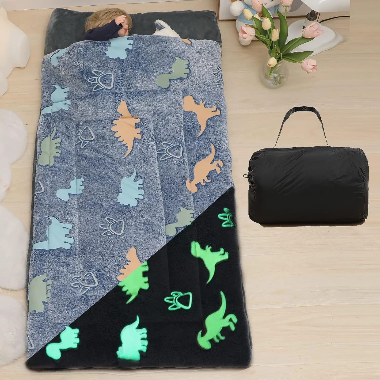 Kids Sleeping Bags for Boys Girls Glow in The Dark Stars Space Slumber Bag Super Soft Nap Mat for Daycare Sleepovers | with Zipper Pillow Pocket and Carrying Bag