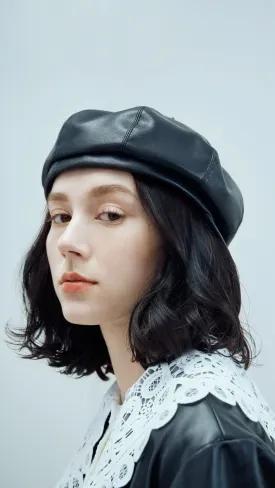 Ladies Faux Leather 8-Panel Newsboy Cap
