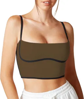 Move With You Sleeveless Spaghetti Strap Padded Sports Bra Tank Tops Square Neck Double Layer Workout Fitness Basic Crop Tops