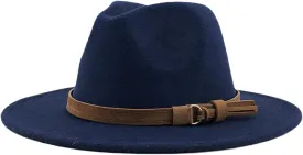 Pulcykp Women's Wool Fedora Hat With Leather Ribbon Winter Autumn Wide-Brimmed Jazz Hat Navy CHILD 52-54CM