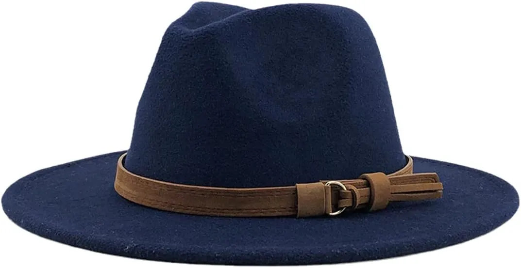 Pulcykp Women's Wool Fedora Hat With Leather Ribbon Winter Autumn Wide-Brimmed Jazz Hat Navy CHILD 52-54CM