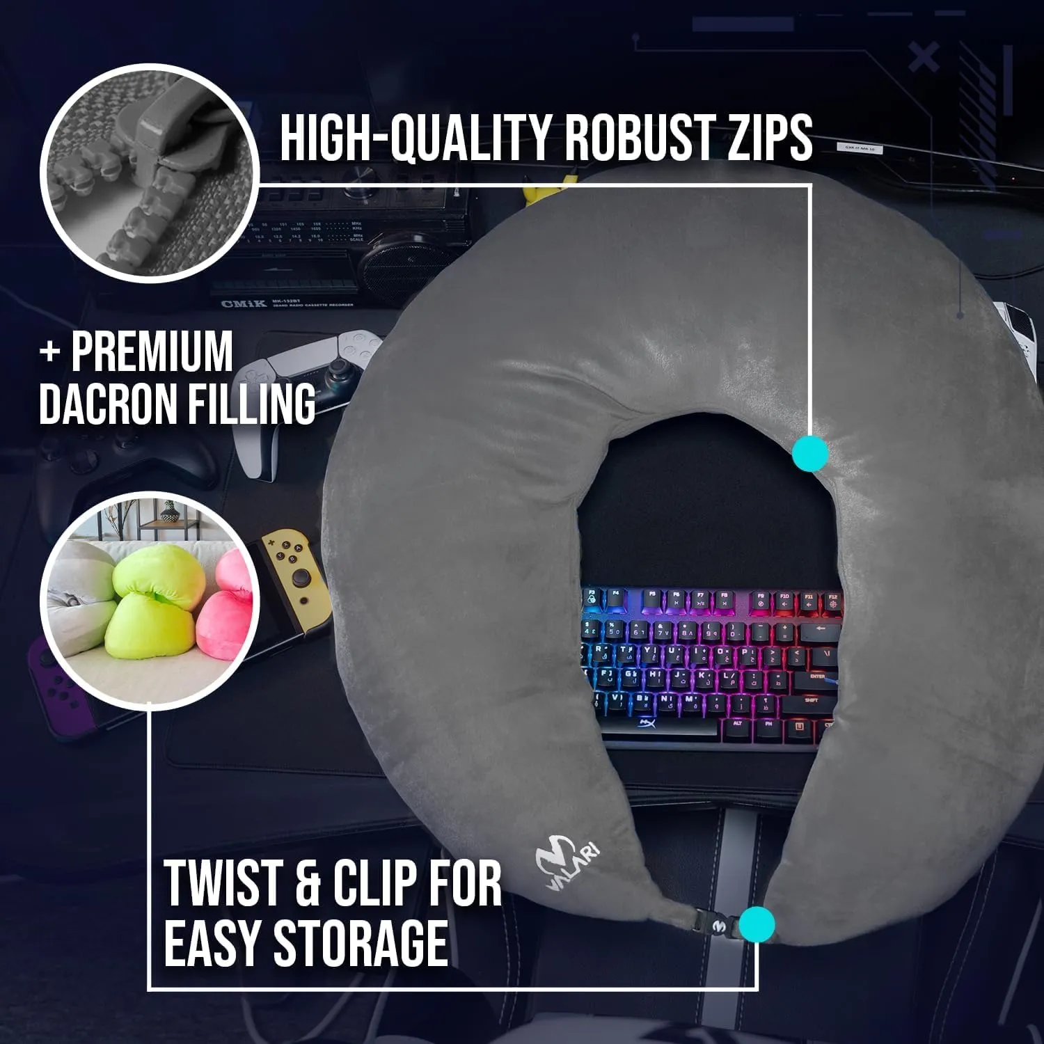 Rare Gaming Pillow | Ergonomic Gaming Lap Pillow Provides Wrist & Elbow Support, Reduces Shoulder & Neck Pressure | Plush Arm Rest Pillow with a Washable Cover & Easy-Storage Clip, (Grey)