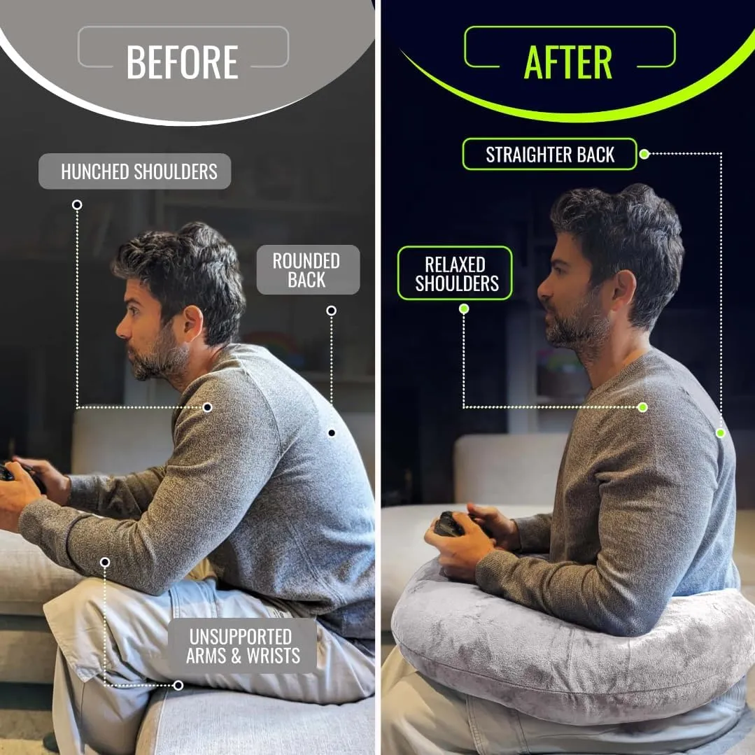 Rare Gaming Pillow | Ergonomic Gaming Lap Pillow Provides Wrist & Elbow Support, Reduces Shoulder & Neck Pressure | Plush Arm Rest Pillow with a Washable Cover & Easy-Storage Clip, (Grey)