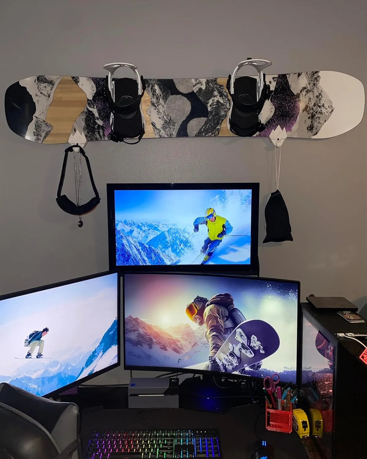 Snowboard Wall Mount Storage  Damage-Free Snowboard Hanger, Hook to Securely Store Gear, Hang and Display Snow Boards and Gloves, Gear Organizer (True White)