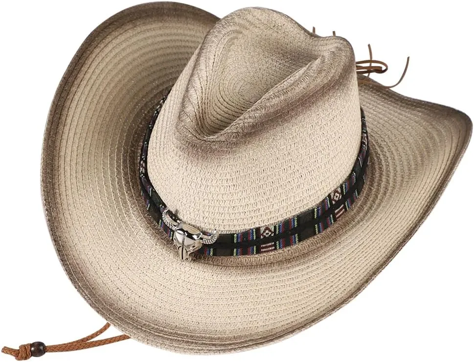 Straw Cowboy Hat for Men Women Wide Brim Western Straw Cowgirl Panama Hat Summer Beach Sun Cap Sombrero Travel