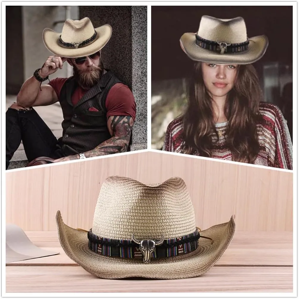 Straw Cowboy Hat for Men Women Wide Brim Western Straw Cowgirl Panama Hat Summer Beach Sun Cap Sombrero Travel
