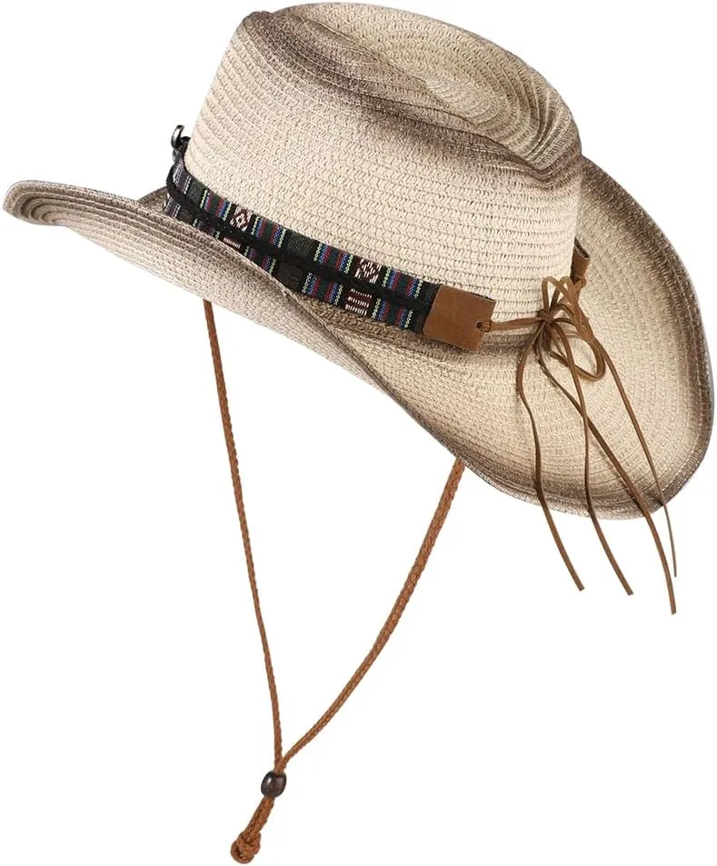 Straw Cowboy Hat for Men Women Wide Brim Western Straw Cowgirl Panama Hat Summer Beach Sun Cap Sombrero Travel