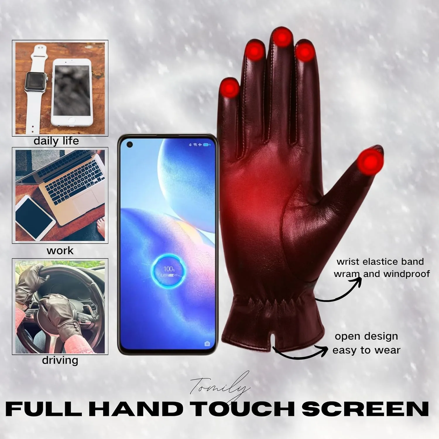Tomily Women's Winter Leather Gloves,Touch Screen Outdoor Fleece Lined Windproof Driving Dress Gloves