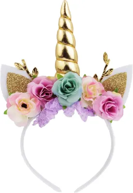 Unicorn Horn Floral Headband Glitter Ears Pony Head Bands Tiara for Girls Party Birthday Cosplay