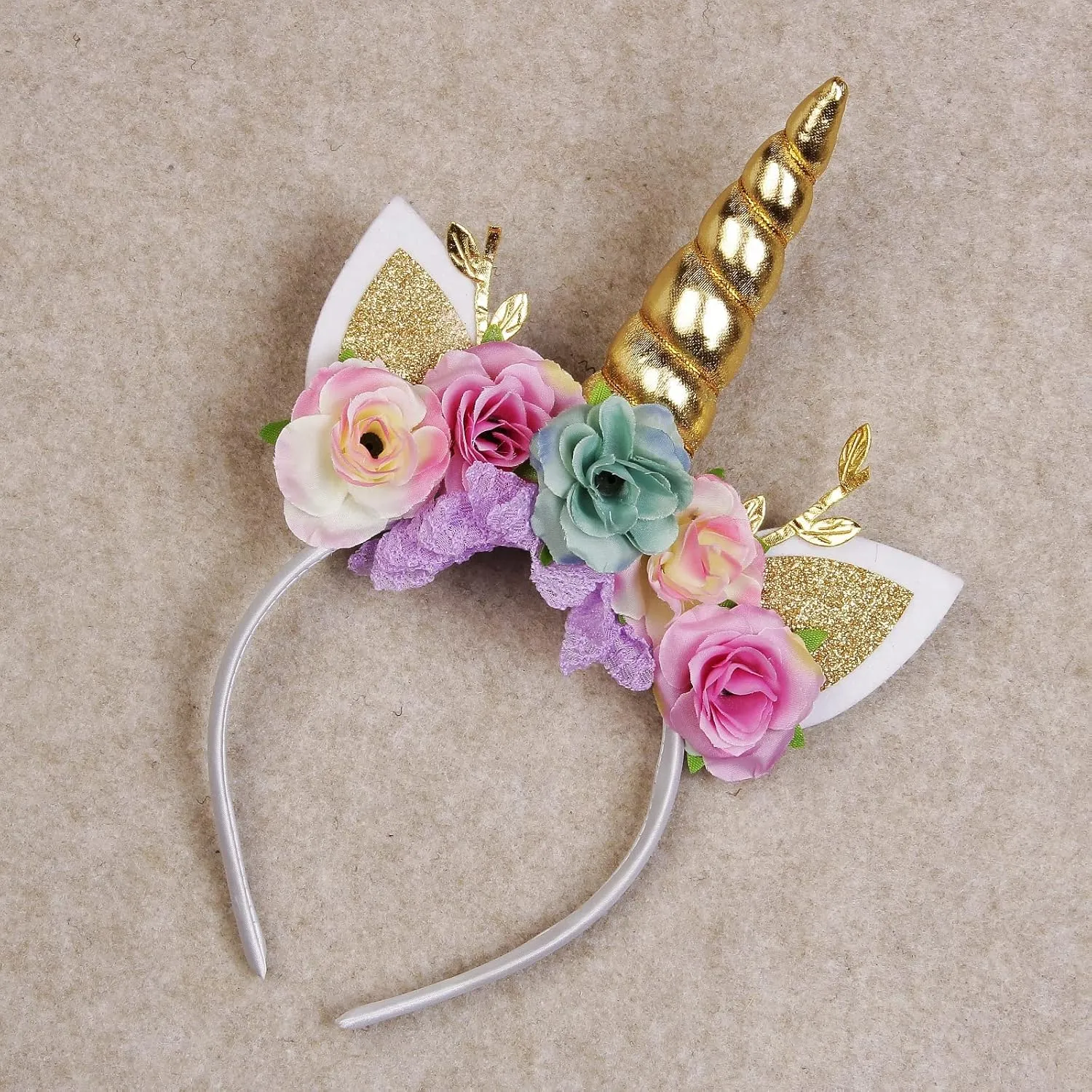 Unicorn Horn Floral Headband Glitter Ears Pony Head Bands Tiara for Girls Party Birthday Cosplay