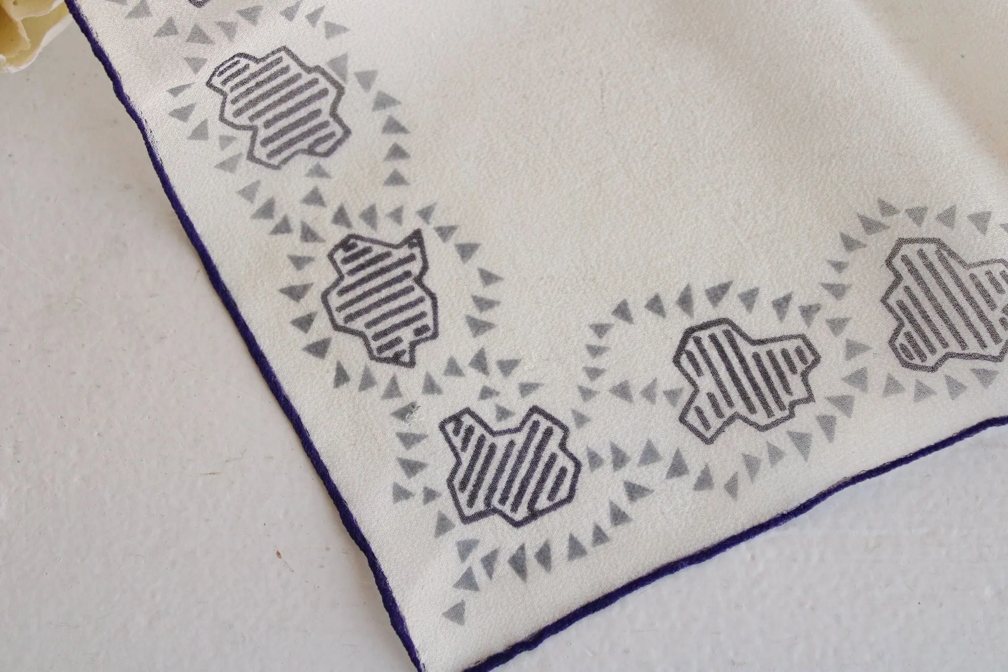 Vintage 1940s Handkerchief in Ivory Silk Chiffon with a Navy Blue pattern