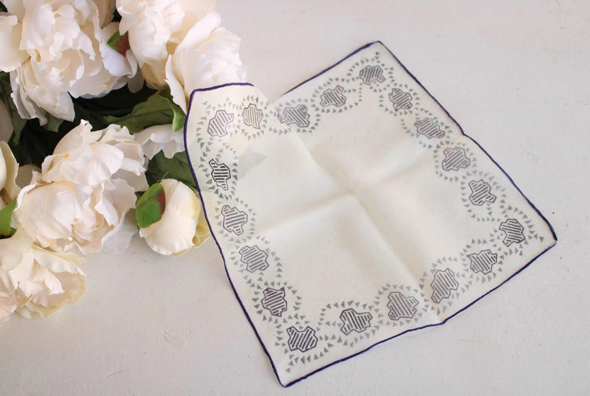 Vintage 1940s Handkerchief in Ivory Silk Chiffon with a Navy Blue pattern