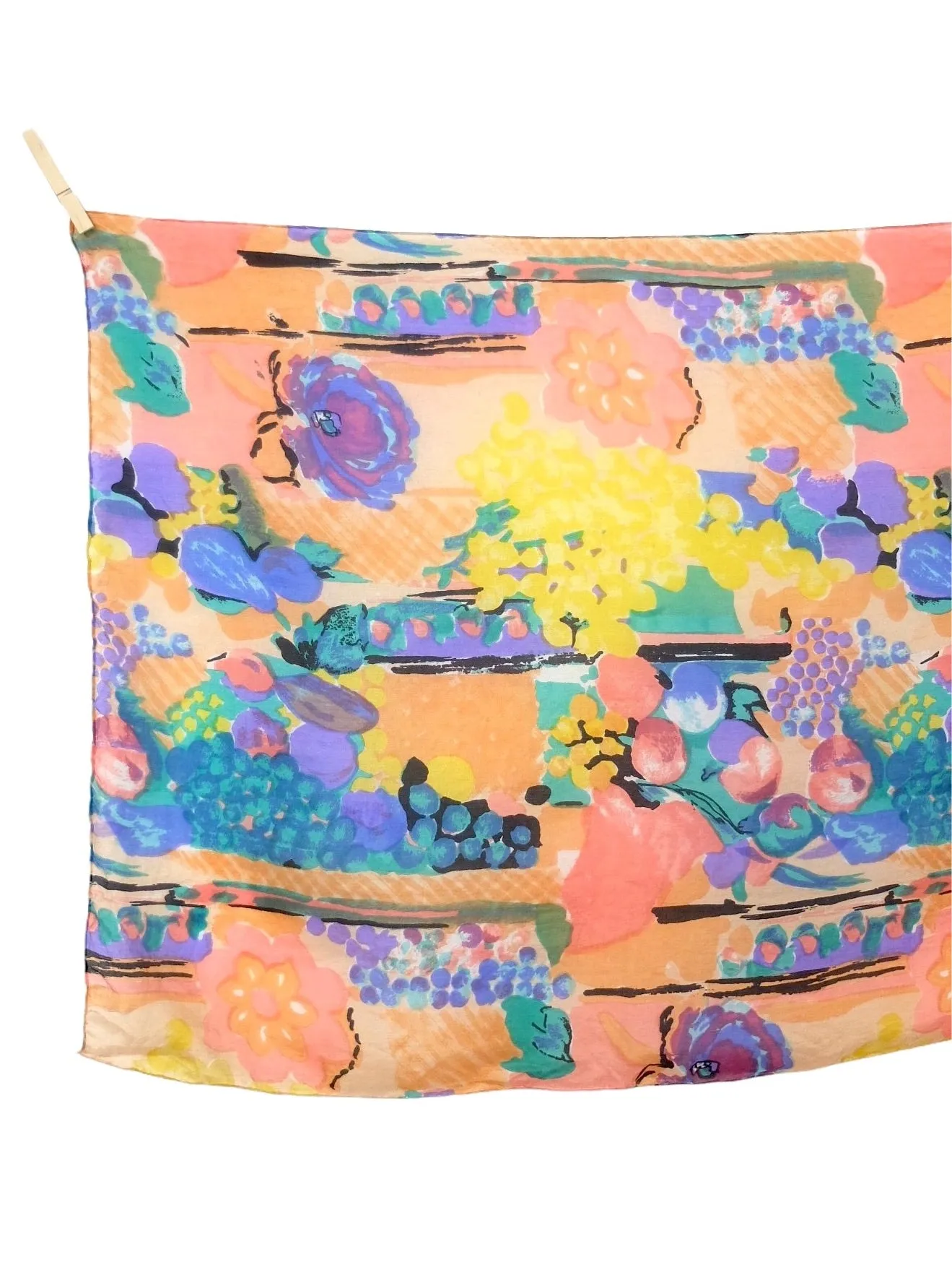 Vintage 80s Silk Funky Abstract Floral Bright Multicolour Long Wide Sheer Chiffon Neck Tie Scarf