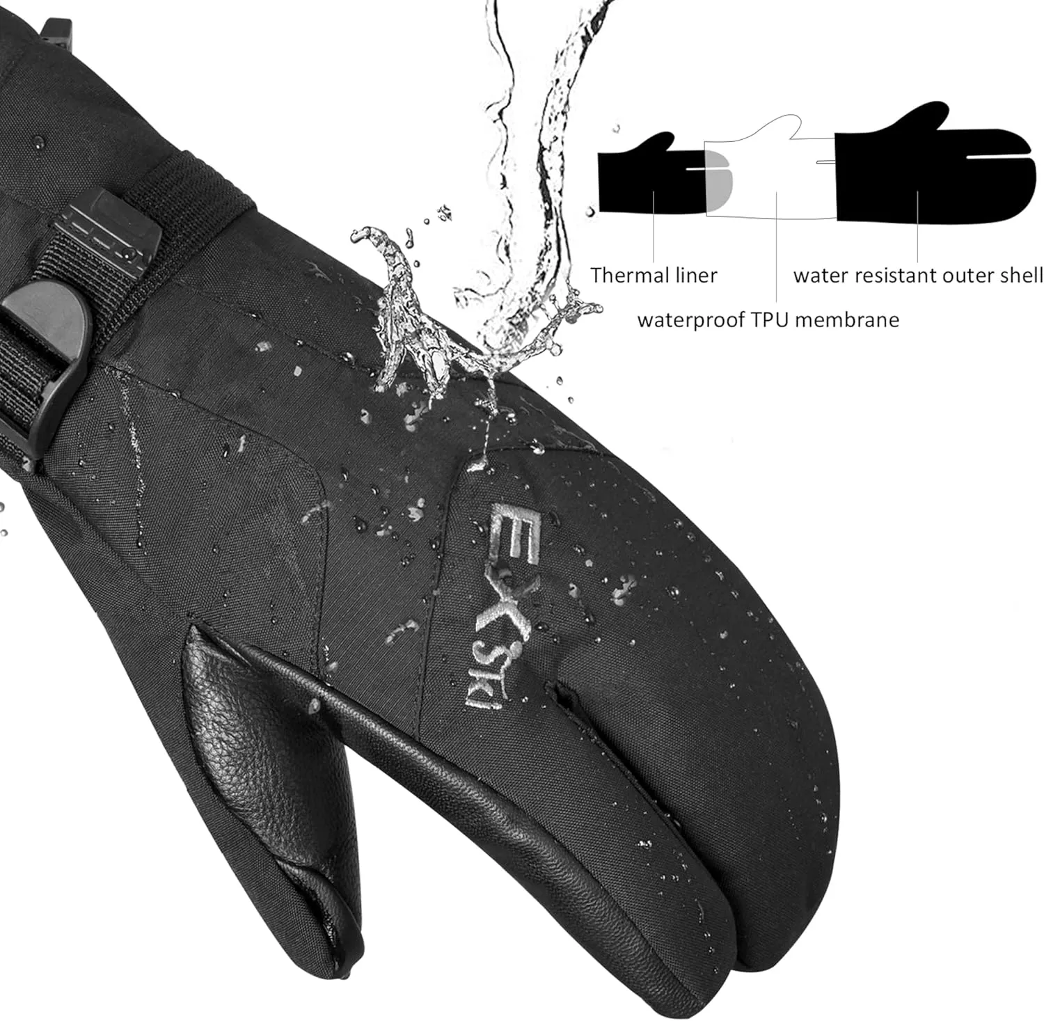 Waterproof Winter 3-Finger Ski Gloves Warm Insulated Snow Mittens for Cold Weather Snowboard Snowmobile