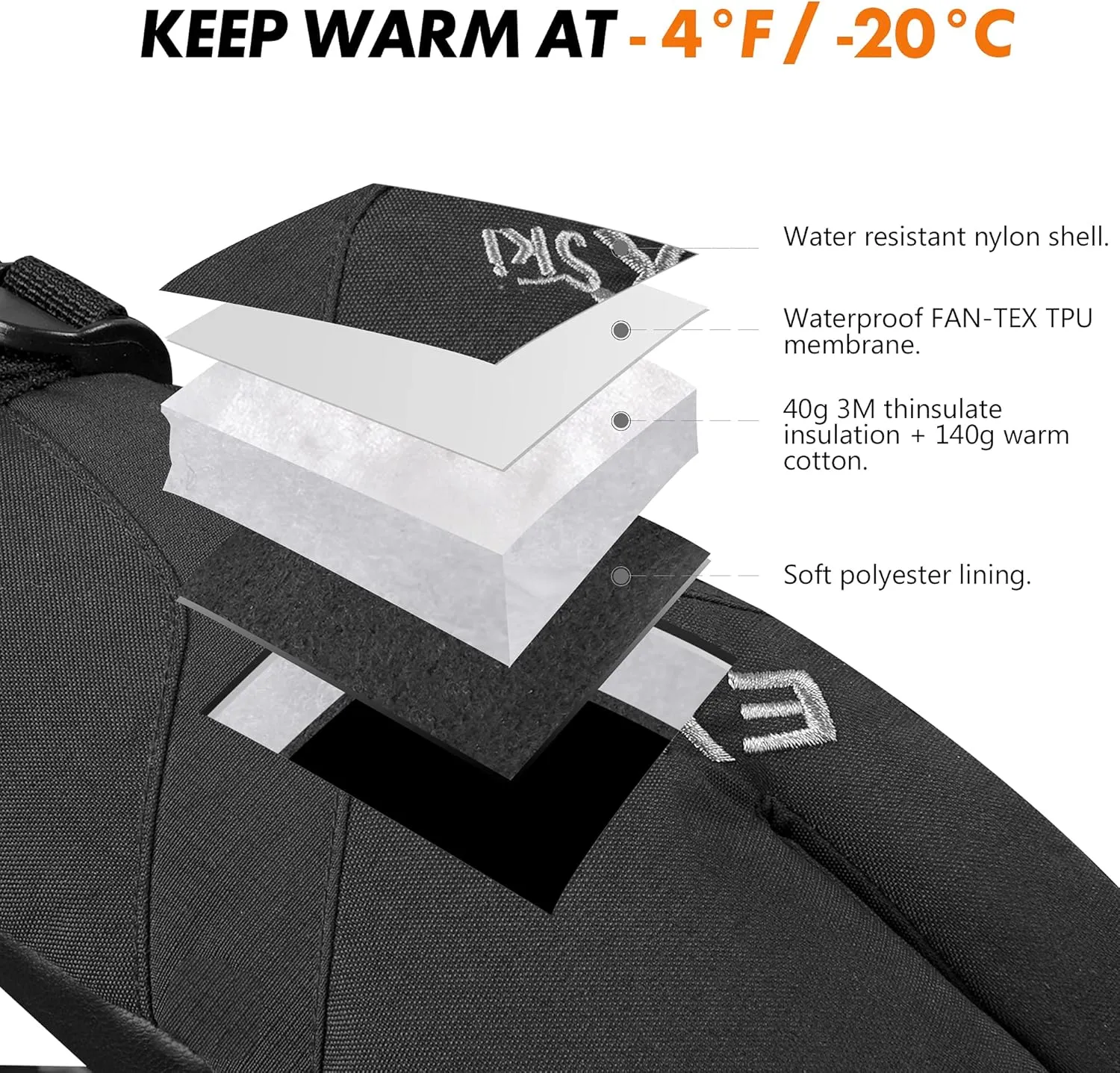 Waterproof Winter 3-Finger Ski Gloves Warm Insulated Snow Mittens for Cold Weather Snowboard Snowmobile