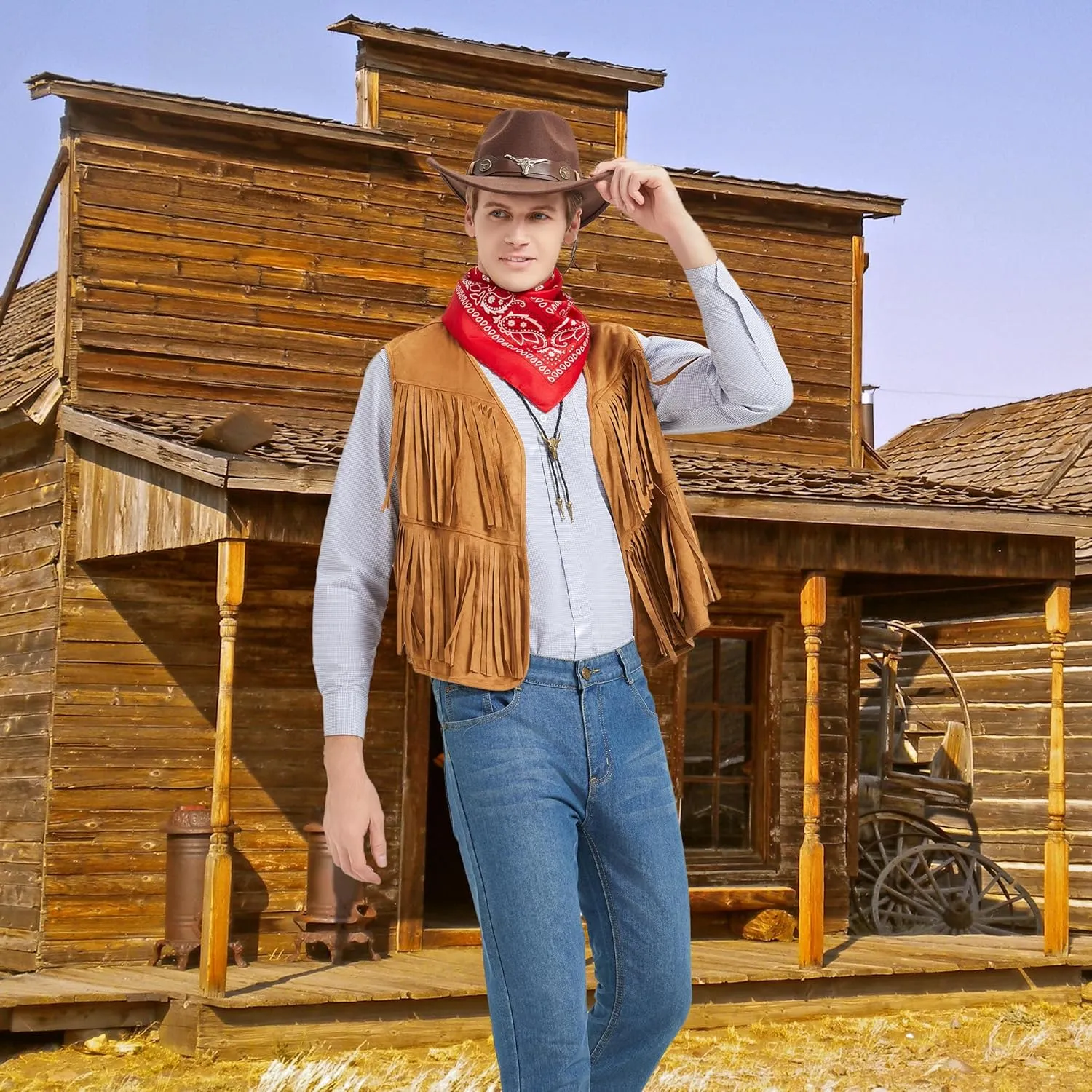 Western Cowboy Costume Men Tasseled Vest Hat Bandana Necklace Cowboy Outfit Accessories for Halloween Cosplay (Khaki, XXXL)