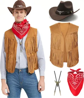 Western Cowboy Costume Men Tasseled Vest Hat Bandana Necklace Cowboy Outfit Accessories for Halloween Cosplay (Khaki, XXXL)