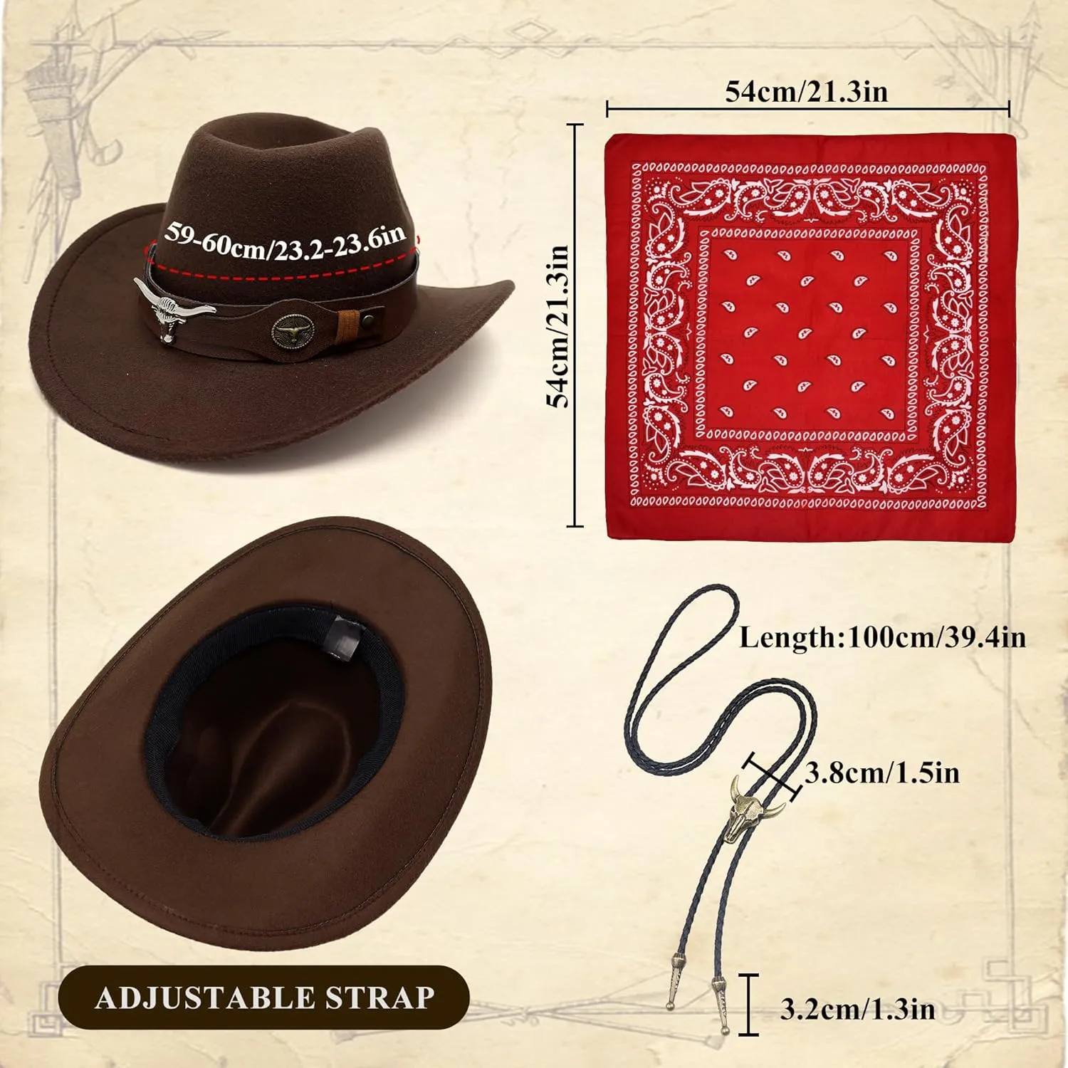 Western Cowboy Costume Men Tasseled Vest Hat Bandana Necklace Cowboy Outfit Accessories for Halloween Cosplay (Khaki, XXXL)