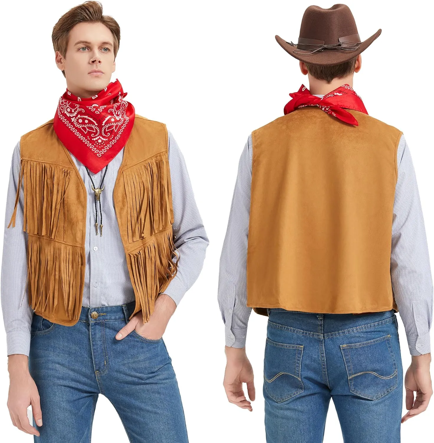 Western Cowboy Costume Men Tasseled Vest Hat Bandana Necklace Cowboy Outfit Accessories for Halloween Cosplay (Khaki, XXXL)