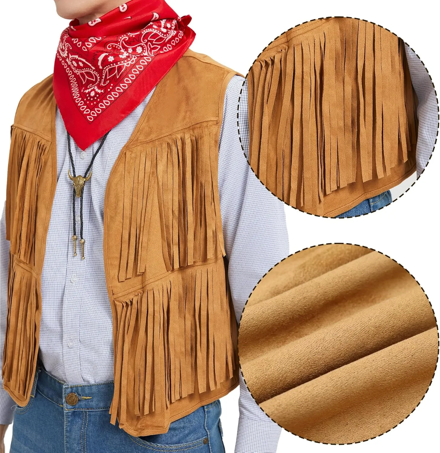 Western Cowboy Costume Men Tasseled Vest Hat Bandana Necklace Cowboy Outfit Accessories for Halloween Cosplay (Khaki, XXXL)