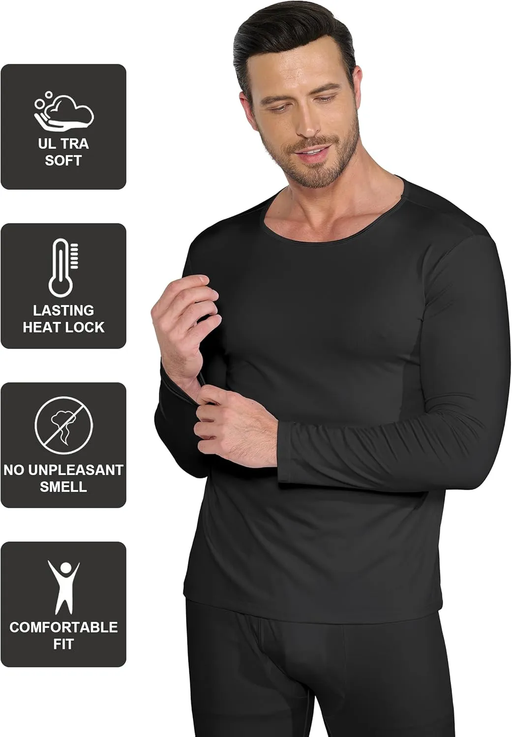 ZUTY 3 Pack Long Sleeve Thermal Shirts for Men Fleece Lined Soft Thermal Underwear Cold Weather Warm Base Layer Pajamas Tops
